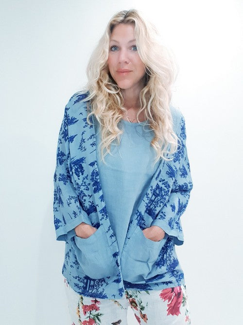 Pale Petrol Side print French Toille Top