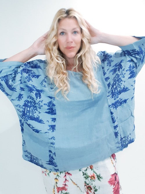 Pale Petrol Side print French Toille Top