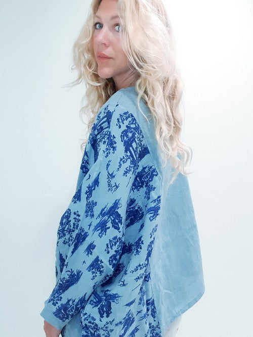 Pale Petrol Side print French Toille Top