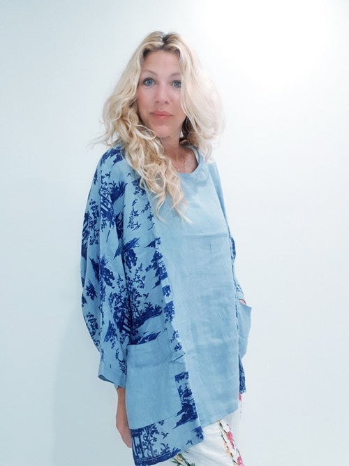 Pale Petrol Side print French Toille Top