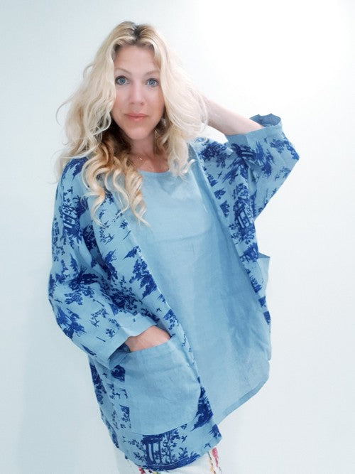 Pale Petrol Side print French Toille Top