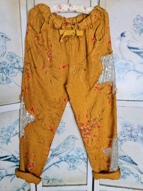 Mustard Aika Rose Linen Sequin Star Pants