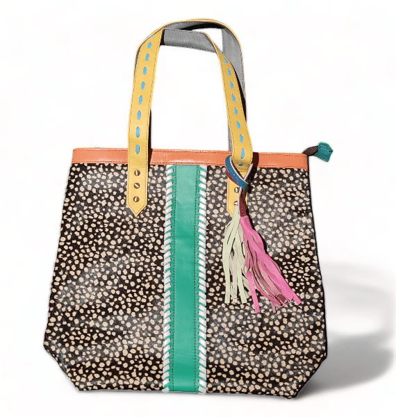 Parade Shopper | Blk Mini Dot-Green Stripe | Leather Bag