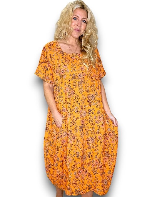 Orange Graphic Bloom Mid Sleeve Maxi Dress