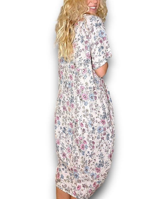 Beige Graphic Bloom Mid Sleeve Maxi Dress
