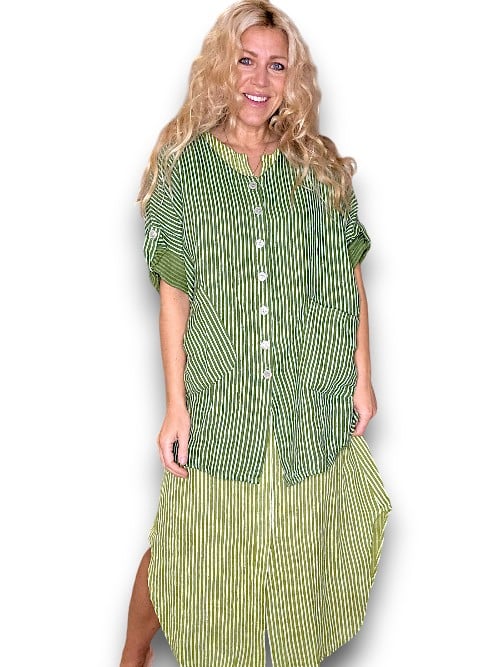 Ivy Green Stripe Pearl Buttons Shirt with Pockets