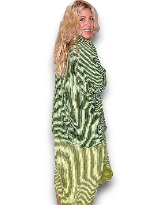 Ivy Green Stripe Pearl Buttons Shirt with Pockets
