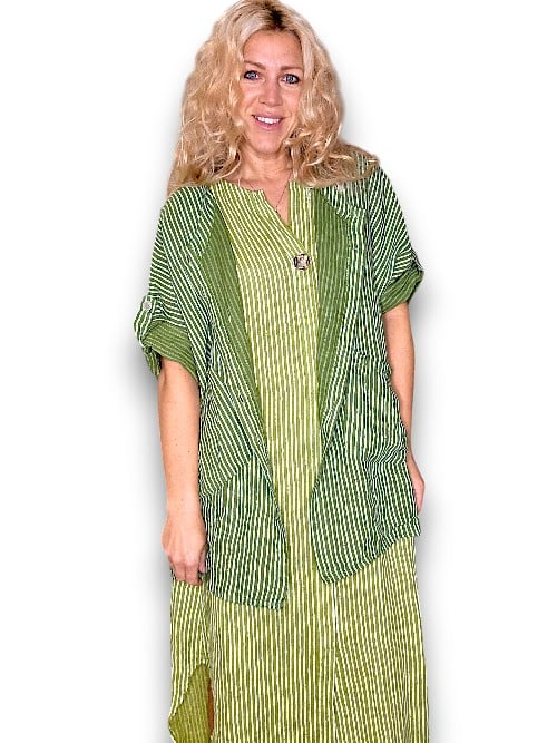 Ivy Green Stripe Pearl Buttons Shirt with Pockets