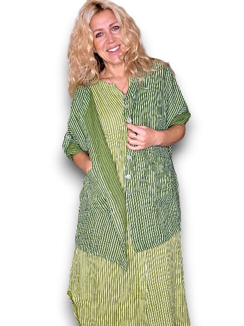 Ivy Green Stripe Pearl Buttons Shirt with Pockets