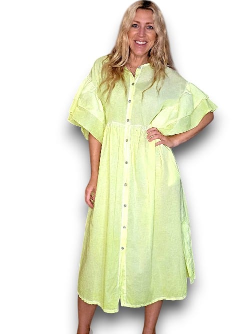 Neon Yellow Bianca Cotton front button Frill Dress