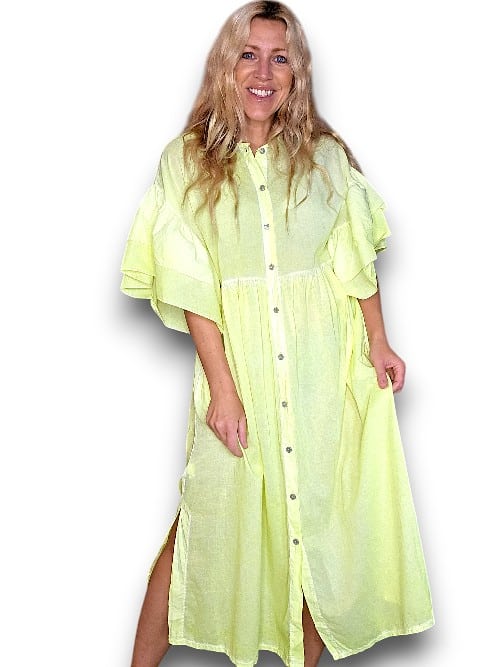 Neon Yellow Bianca Cotton front button Frill Dress