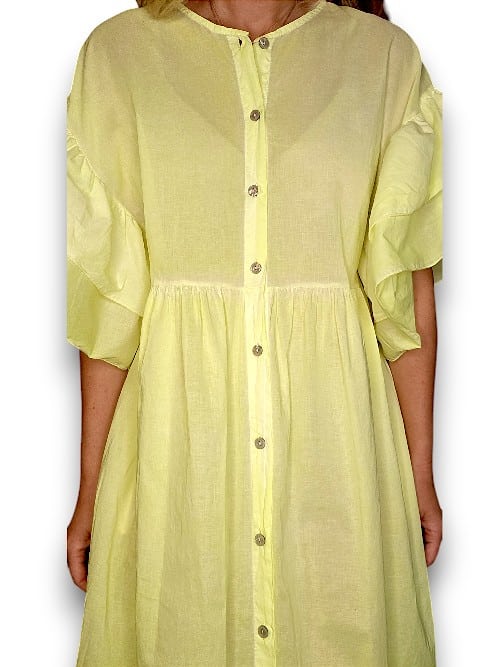Neon Yellow Bianca Cotton front button Frill Dress