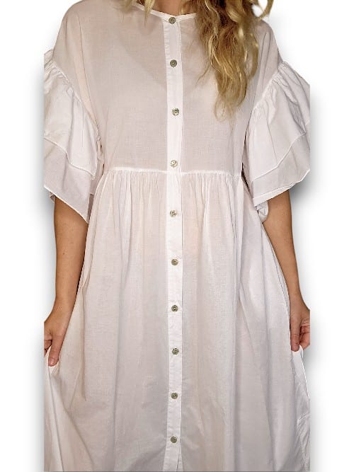 White Bianca Cotton front button Frill Dress
