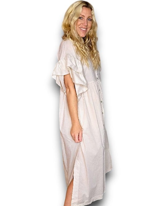 Beige Bianca Cotton front button Frill Dress