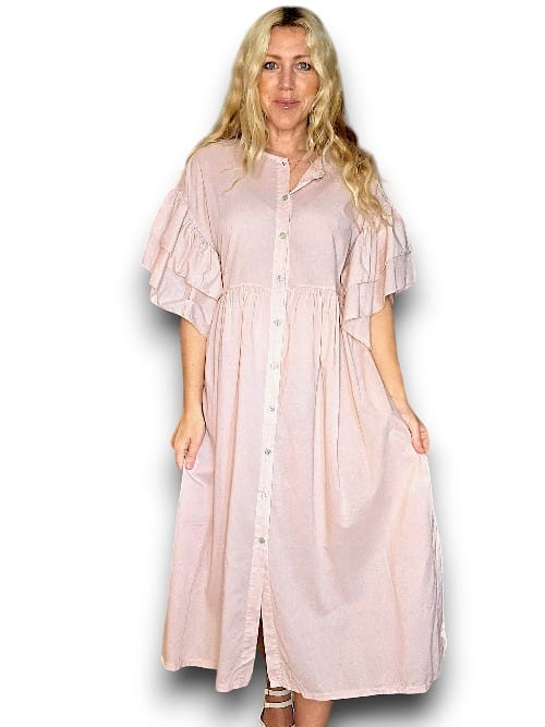 Baby Pink Bianca Cotton front button Frill Dress