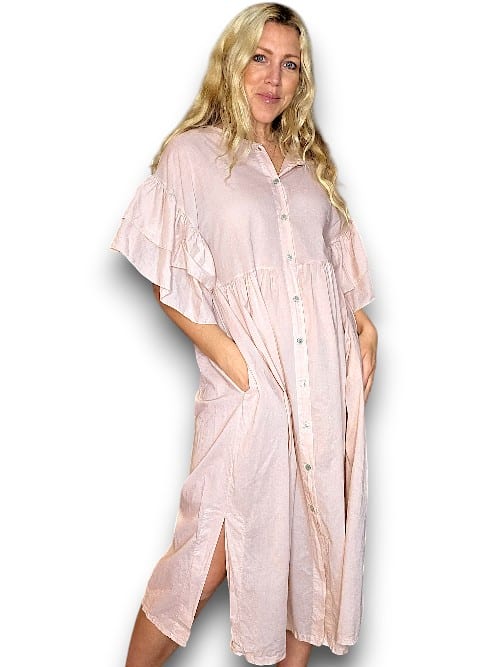 Baby Pink Bianca Cotton front button Frill Dress