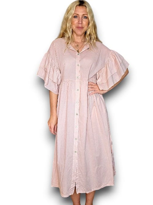 Baby Pink Bianca Cotton front button Frill Dress
