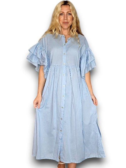 Baby Blue Bianca Cotton front button Frill Dress