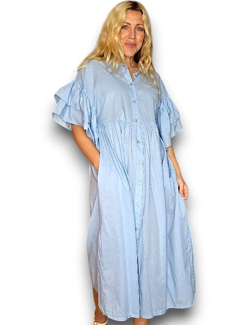 Baby Blue Bianca Cotton front button Frill Dress
