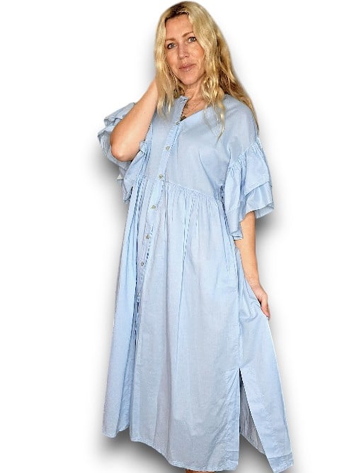 Baby Blue Bianca Cotton front button Frill Dress