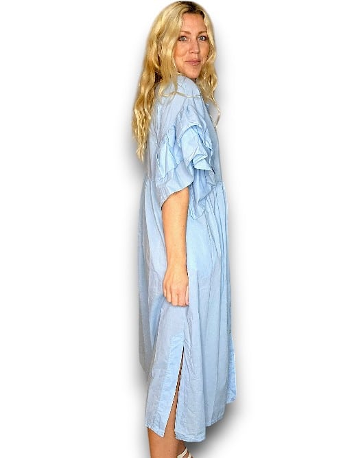 Baby Blue Bianca Cotton front button Frill Dress