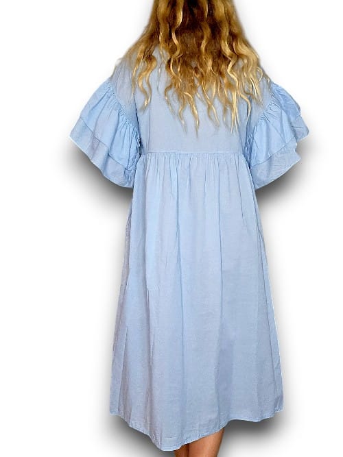 Light Petrol Bianca Cotton front button Frill Dress