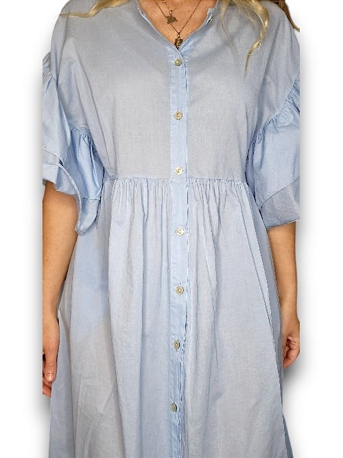 Baby Blue Bianca Cotton front button Frill Dress