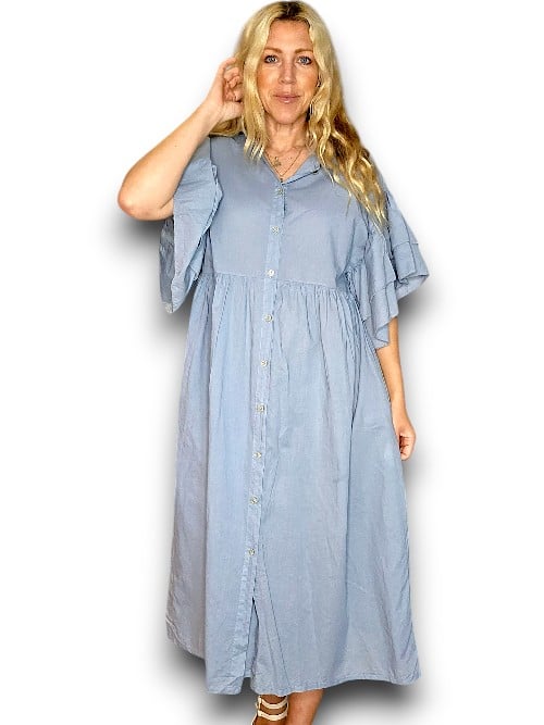 Light Petrol Bianca Cotton front button Frill Dress