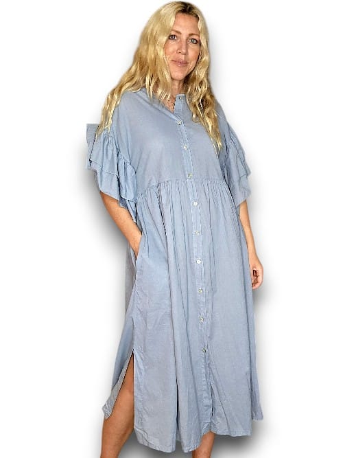 Light Petrol Bianca Cotton front button Frill Dress