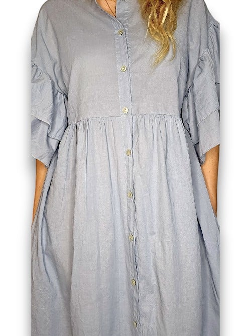 Light Petrol Bianca Cotton front button Frill Dress