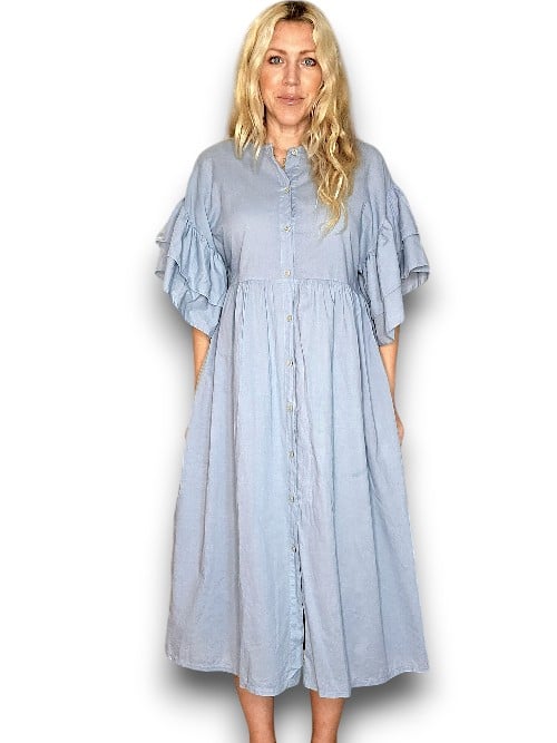 Light Petrol Bianca Cotton front button Frill Dress