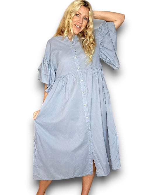 Light Petrol Bianca Cotton front button Frill Dress