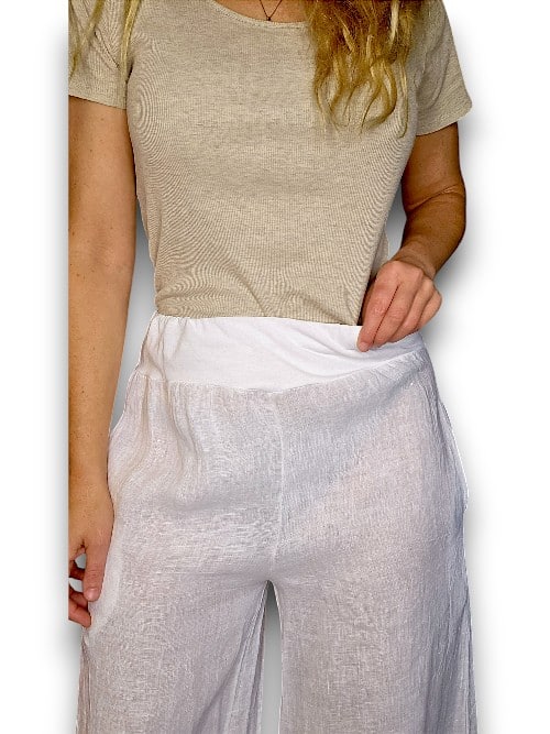 White wide elastic waist linen pant with pkts