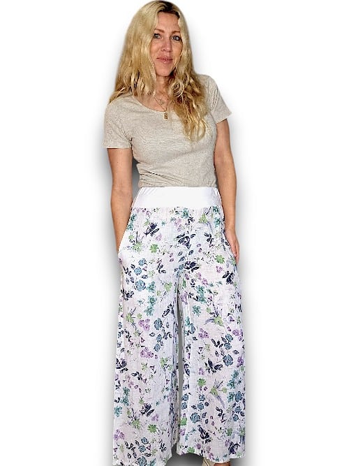 White Wild Garden elastic waist linen pant