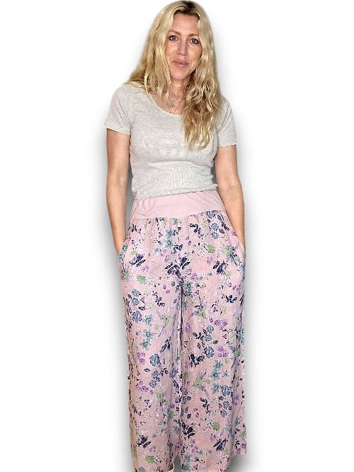Baby Pink Wild Garden elastic waist linen pant