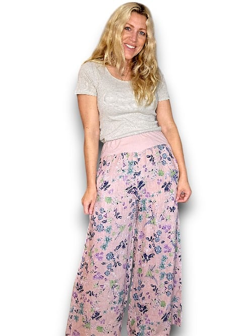 Baby Pink Wild Garden elastic waist linen pant