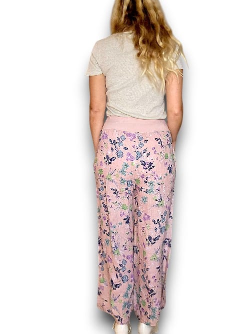 Baby Pink Wild Garden elastic waist linen pant