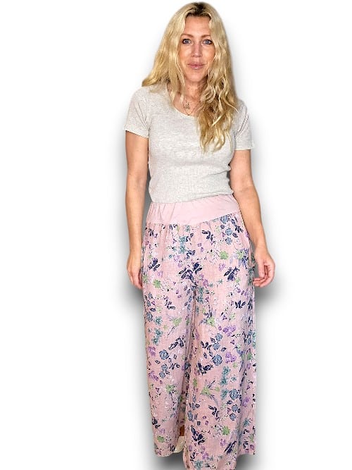 Baby Pink Wild Garden elastic waist linen pant