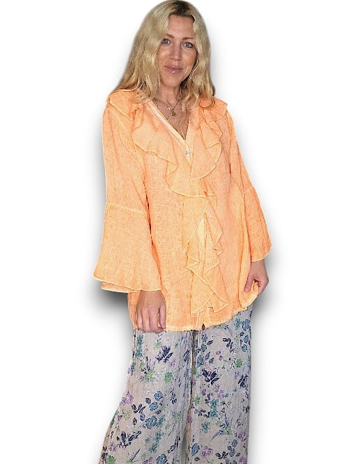 Neon Orange Plain Madrid Linen Frill Tunic