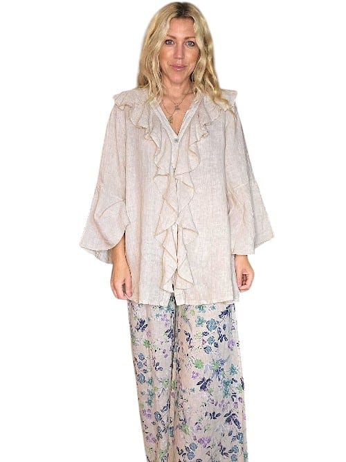 Beige Plain Madrid Linen Frill Tunic