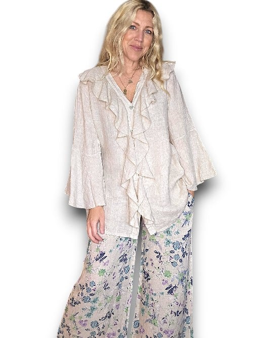Beige Plain Madrid Linen Frill Tunic