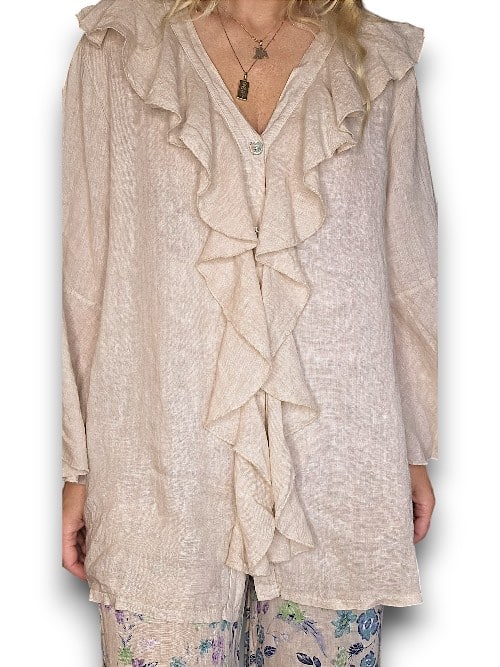Beige Plain Madrid Linen Frill Tunic
