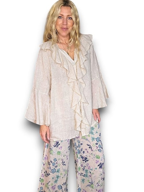 Beige Plain Madrid Linen Frill Tunic