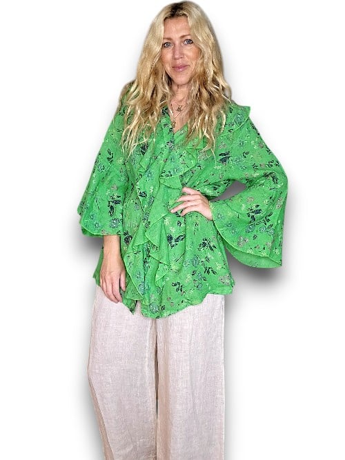 Bright Green Wild Garden Madrid Linen Frill Tunic
