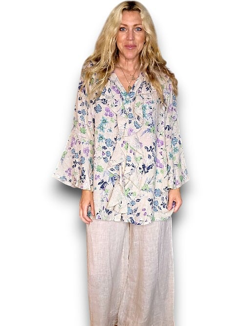 Beige Wild Garden Madrid Linen Frill Tunic