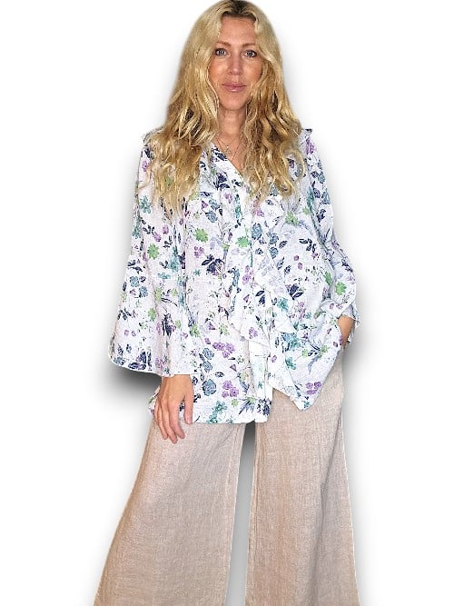 White Wild Garden Madrid Linen Frill Tunic
