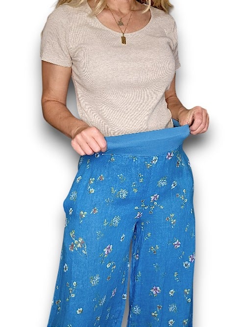 Bright Aqua Windy Bloom elastic waist linen pant
