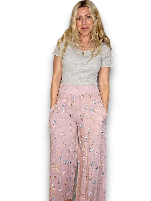Baby Pink Windy Bloom elastic waist linen pant