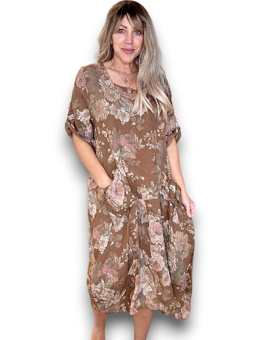 Coffee Scarlett Rose Button Sleeve Maxi Dress