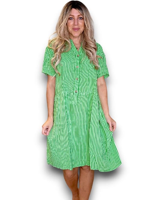 Bright Green Stripe Midi Coconut Button Dress